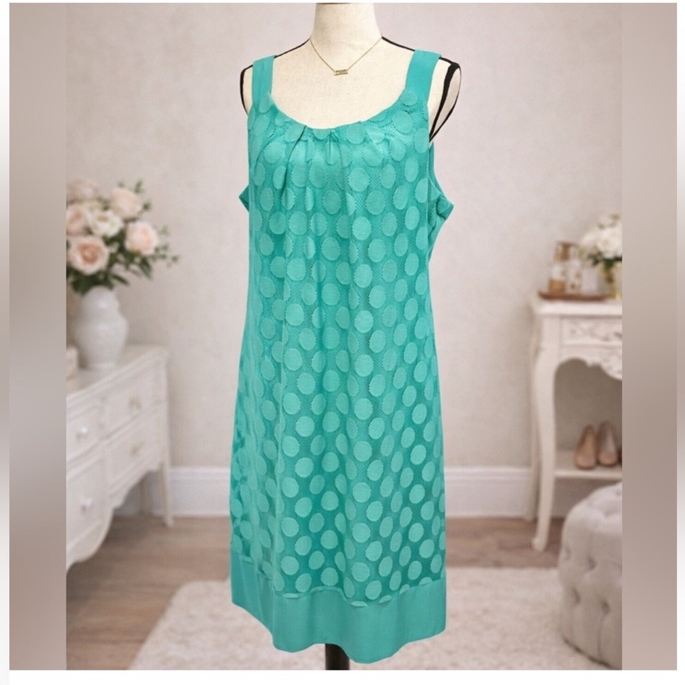 Robbie Bee Teal Polka Dot Shift Dress Size 14 Sleeveless Classic Career Wedding